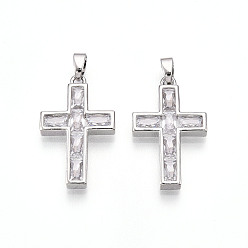 Платина Латунные микро проложить кубического циркония подвески, без кадмия и без свинца, крест прелести, платина, 25x15x3 мм, отверстие : 5x2.5 мм