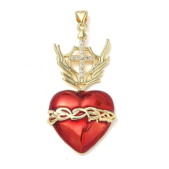 Настоящее золото 18K Подвески из латуни с кубическим цирконием и эмалью, сердце прелести, без свинца и без кадмия, долговечный, стойки покрытие, реальный 18 k позолоченный, 46x23x6 мм, отверстие : 4x3 мм