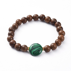 Malachit Synthetische Malachit-Stretch-Armbänder, mit Holzperlen und Distanzplatten aus vergoldeter Legierung, 2 Zoll (5.2 cm)