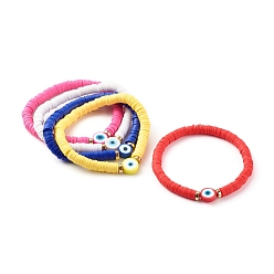 Mixed Color Polymer Clay Heishi Beads Stretch Bracelets, with Non-magnetic Synthetic Hematite Beads, Evil Eye, Mixed Color, Inner Diameter: 2-1/8 inch(5.5cm)