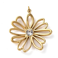 Настоящее золото 18K 316 из нержавеющей стали горный хрусталь подвески, с закрытыми кольцами для прыжков, ионное покрытие (ip), цветок, реальный 18 k позолоченный, 28x25.5x4 мм, отверстие : 2.6 мм