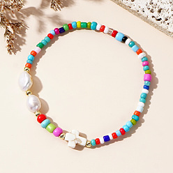 Разноцветный Женские плетеные браслеты в стиле бохо из стеклянных бусин и синтетической бирюзы, с имитацией жемчуга, красочный, внутренний диаметр: 11 дюйм (28 см)
