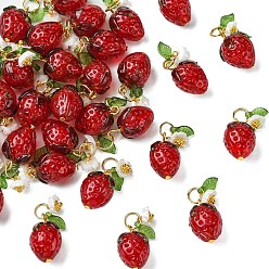 Золотой 30шт. акриловые подвески лэмпворк, с латунной фурнитурой , клубника, золотые, 25 мм