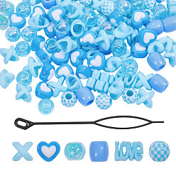 Bleu Ciel Clair 2sacs 2 styles perles de résine pour outils de tressage, Bijoux de cheveux en forme de cœur, perles rondes, accessoires de coiffure pour filles, lumière bleu ciel, 10~13x12~14x10~12mm, Trou: 4.5~8mm, 1 sac / style