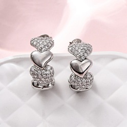 Платина Серьги-гвоздики из латунного микро-паве, сердце, без кадмия и без свинца, стойки покрытие, долговечный, платина, 19.5x8 мм