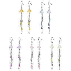 Mixed Color Bohemian Style Glass & Seed Beaded Flower Dangle Earrings, Brass Chains Tassel Earrings, Mixed Color, 35.5x10.5mm