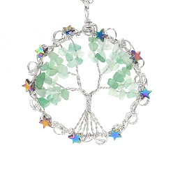 Зеленый Авантюрин Естественный зеленый авантюрин большие кулоны, Медная проволока платинового тона, обернутая подвесками «Жизнь дерева», 65x55 мм