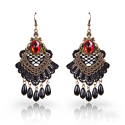 Красный Серьги-люстры из пластикового сплава, со стеклом, веер со слезой, античная бронза, красные, 95x50 мм