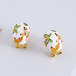 Colorful Alloy Enamel Oval with Butterfly Pattern Stud Earrings for Women, with Rhinestone, Golden, Colorful, 25mm