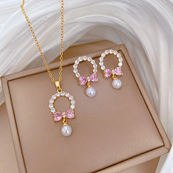 Ring Латунное микропаве из кубических цирконий с пластиковым жемчугом, подвеска и серьги-гвоздики, колье-цепочка из нержавеющей стали, золотые, кольцо, 400 мм