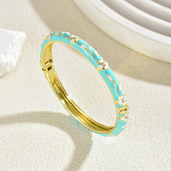 Cyan Zinc Alloy Enamel Flower Hinged Cuff Bangles for Women, Golden, Cyan, Inner Diameter: 2.36 inch(6cm)~2.76 inch(7cm)