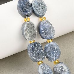 Стально-синий Гальванизированные натуральные druzy кварцевые бисерные пряди, с бисером, Плоско-овальные, стальной синий, 14~14.5x10~10.5x4.5~7.5 мм, отверстие : 0.7 мм, около 11 шт / нитка, 7.17~7.48 дюйм (18.2~19 см)
