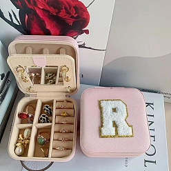 Letter R Letter Imitation Leather Jewelry Organizer Case with Mirror Inside, for Necklaces, Rings, Earrings and Pendants, Square, Pink, Letter R, 10x10x5.5cm