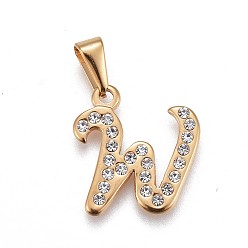 Letter W 304 Stainless Steel Pendants, with Rhinestone, Letter, Letter.W, 20.5x19x2mm, Hole: 3~3.5x7.5~8mm