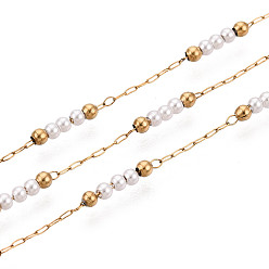 Кремово-белый 304 кабельные цепи из нержавеющей стали, круглые, с ABS имитации жемчуга, реальный 18 k позолоченный, пайки, с катушкой, кремово-белые, 2 мм
