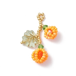 Оранжевый Подвески из стеклянных бусин в виде ягод и листьев, со стеклом и акрилом, оранжевые, 35x22x10 мм, отверстие : 2 мм