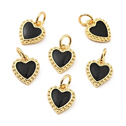 Черный Подвески из латуни с эмалью в стойку, реальный 18 k позолоченный, долговечный, без свинца, без кадмии и без никеля, сердце, чёрные, 10x9x1.5 мм, Перейти кольцо: 5x1 мм, 3 мм внутренним диаметром