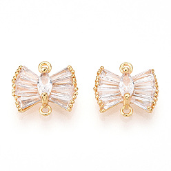 Настоящее золото 18K Латунные подвески из прозрачного кубического циркония, бантом ссылки, реальный 18 k позолоченный, 11x10x4 мм, отверстие : 1 мм