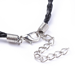 Black Trendy Braided Imitation Leather Necklace Making, with Iron End Chains and Lobster Claw Clasps, Platinum Metal Color, Black, 16.9 inchx3mm