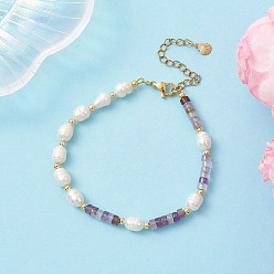 Аметист Браслеты из натуральных аметистов и культивированного пресноводного жемчуга для женщин, плоско-круглые, с 304 из нержавеющей стали Lobster Claw застежками, 7.68~7.87 дюйм (19.5~20 см)