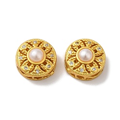 Матовый Золотой Цвет Покрытие стойки полые латунные бусины из кубического циркония, с ABS имитации жемчуга, цветок, долговечный, матовый золотой цвет, 11x6 мм, отверстие : 1.7 мм