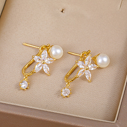 Золотой Элегантные серьги-гвоздики из латуни с прозрачными кубическими цирконами, звезда, золотые, 24.5x11 мм