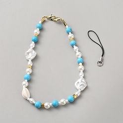 Colorful Synthetic Turquoise Mobile Straps, with Natural Shell Beads, Resin Beads and Alloy Charms, Nuggets, Golden, Golden, 65mm