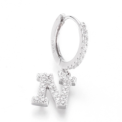 Letter N Rhodium Plated 925 Sterling Silver Hoop Earrings, Dangle Earrings, with Cubic Zirconia, with S925 Stamp, Letter, Clear, Platinum, Letter.N, 21mm, Pendants: about 8.5x7.5x1.5mm, Pin: 0.6mm
