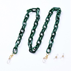 Dark Green Eyeglasses Chains, Neck Strap for Eyeglasses, with Imitation Gemstone Style Acrylic Paperclip Chains, Alloy Lobster Claw Clasps and Rubber Loop Ends, Dark Green, 30.11 inch(76.5cm)