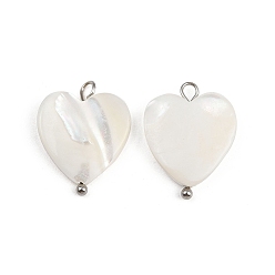 Нержавеющая Сталь Цвет Естественно оболочки сердца подвески, с 304 петлями из нержавеющей стали, цвет морской раковины, цвет нержавеющей стали, 19~20.5x15~15.5x2.5~4 мм, отверстие : 1.5~2.5 мм