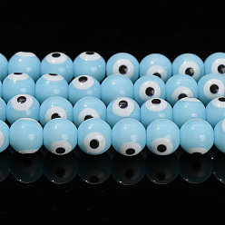 Светло-Голубой Ручной сглаза бусины бисер нитей, круглые, Небесно-голубой, 8 мм, около 47 шт / нитка
