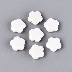 White Handmade Porcelain Beads, Bright Glazed Porcelain, Flower, White, 14~15x14~15x6~7mm, Hole: 1.8~2.2mm