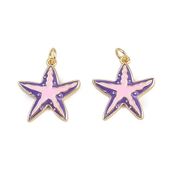 Pink Латунь эмаль подвески, с прыжковых колец, стойки покрытие, реальный 18 k позолоченный, без свинца и без кадмия, долговечный, прелести морская звезда, розовые, 19.5x18x2.5 мм, отверстие : 3.4 мм