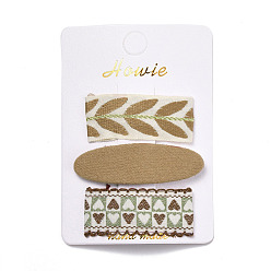 Tan Cloth Snap Hair Clips Set, with Platinum Iron Snap Clips, Rectangle & Oval, with Heart & Leaf Pattern, Tan, 59~70x21~24x2~5.5mm, 3pcs/set