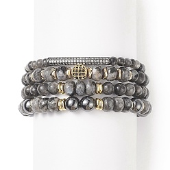 Mixed Stone 4Pcs 4 Style Natural Larvikite & Synthetic Hematite Stretch Bracelets Set with Cubic Zirconia Column Beaded, Gemstone Stackable Bracelets for Men Women, Inner Diameter: 2~2-1/8 inch(5.1~5.5cm), 1Pc/style
