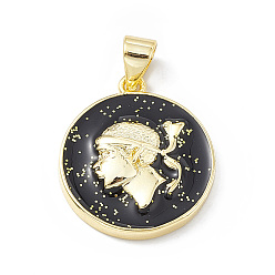 Черный Подвески из латуни с эмалью в стойку, с блеском порошок, долговечный, реальный 18 k позолоченный, плоский круглый с человеческим обаянием, чёрные, 19x16.5x3.5 мм, отверстие : 4x3 мм