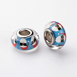 Небесно-голубой Большое отверстие Rondelle смолы европейские шарики, с латунными двойными ядрами, платиновый оттенок, Рождество, голубой, 14x8 мм, отверстие : 5 мм