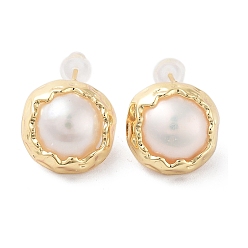 Real 14K Gold Plated Half Round Natural Pearl Stud Earrings with Brass Findings and 925 Sterling Silver Pins, Real 14K Gold Plated, 14mm
