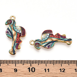 Colorful Printed Light Gold Tone Alloy Pendants, Flamingo Charms, Colorful, 28.5x14x2mm, Hole: 1.5mm
