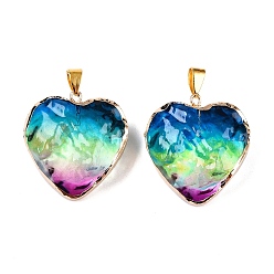 Королевский синий Подвески из светло-золотого латунного стекла, с железной фурнитурой, сердце, королевский синий, 31x29.5~30x12.5~13 мм, отверстие : 7x4 мм