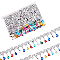 Silver Polyester Tassel Lace Ribbon, Sparkle Paillette Lace Trim with Colorful Plastic Rhinestone Fringe Trimming, for Garment Accessories, Silver, 1-7/8 inch(48.5mm), about 9.84 Yards(9m)/pc