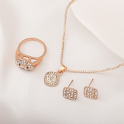 Кристалл Ожерелья с подвесками из сплава ромбов и страз, серьги-гвоздики и комплекты колец, розовое золото , кристалл, 455 мм