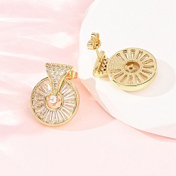 Золотой Плоские круглые серьги-гвоздики из латуни с микропаве и прозрачным фианитом, без кадмия и без свинца, стойки покрытие, долговечный, золотые, 19x15 мм