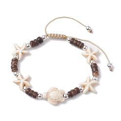 Blanc Bracelets de perles tressées en noix de coco, bracelets ajustables turquoise synthétique étoile de mer & tortue pour femme, blanc, diamètre intérieur: 2-1/2~3-3/4 pouce (6.5~9.6 cm)