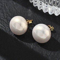 Lino Pendientes de botón de imitación de perlas de latón y plástico ABS para mujer, rondo, larga duración plateado, chapado en rack, sin plomo y el cadmio, dorado, lino, 15.5 mm