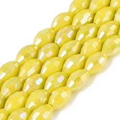 Yellow Electroplate Opaque Solid Color Glass Beads Strands, Rice, AB Color Plated, Faceted, Yellow, 8~8.5x5.5~6mm, Hole: 1~1.2mm, about 67~68pcs/strand, 21.46~22.24 inch(54.5~56.5cm)