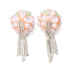 Pink Ручной полимерной глины шариков Rhinestone, цветок, с использованием смолы, АБС-пластика, искусственного жемчуга и железных бусин., розовые, 50~55x26~26.5x14.5~15 мм, отверстие : 1.6~1.8 мм