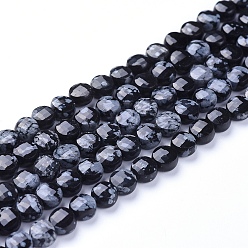 Schneeflocken-Obsidian Naturschneeflocke Obsidian Perlen Stränge, facettiert, Flachrund, 6~7x4~4.5 mm, Bohrung: 1 mm, ca. 61~64 Stk. / Strang, 14.96 Zoll (38 cm)