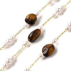 Тигровый глаз Цепочки из бусин ручной работы с натуральными самородками тигрового глаза, пайки, с бусинами из АБС-пластика и фурнитурой из латуни с покрытием из стойки, долговечный, без свинца и без кадмия, с катушкой, реальный 18 k позолоченный, 7~11x6~10x4~6 мм