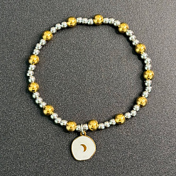 Луна 304 Браслеты из нержавеющей стали с эмалированными подвесками, круглые бусины эластичные браслеты для женщин, золотые и нержавеющая сталь цвет, луна, внутренний диаметр: 2.36 дюйм (6 см)